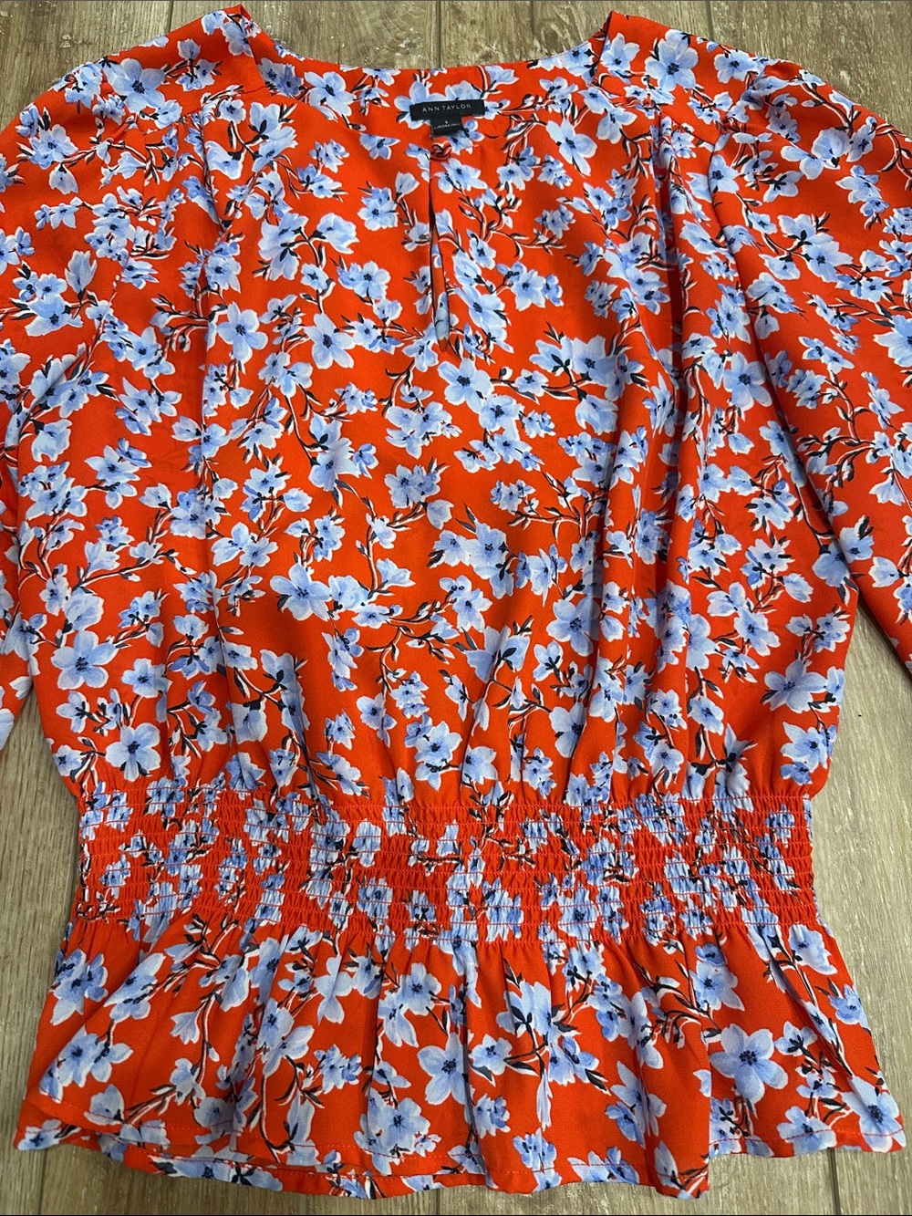 Ann Taylor Smocked Red and Blue Floral Blouse Size S - Picture 4 of 7